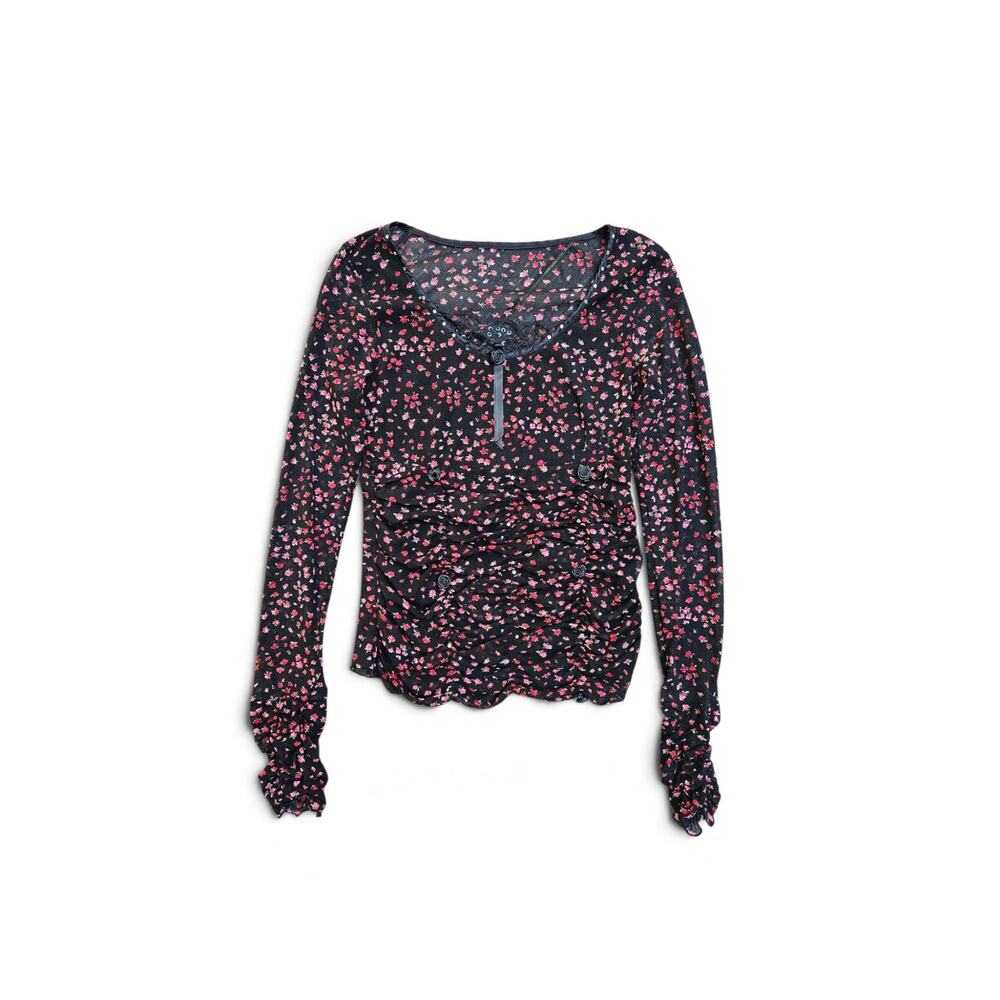 Y2k Micro Mesh Top Euro Sequin Whimsigoth Floral Print Black - Size Small